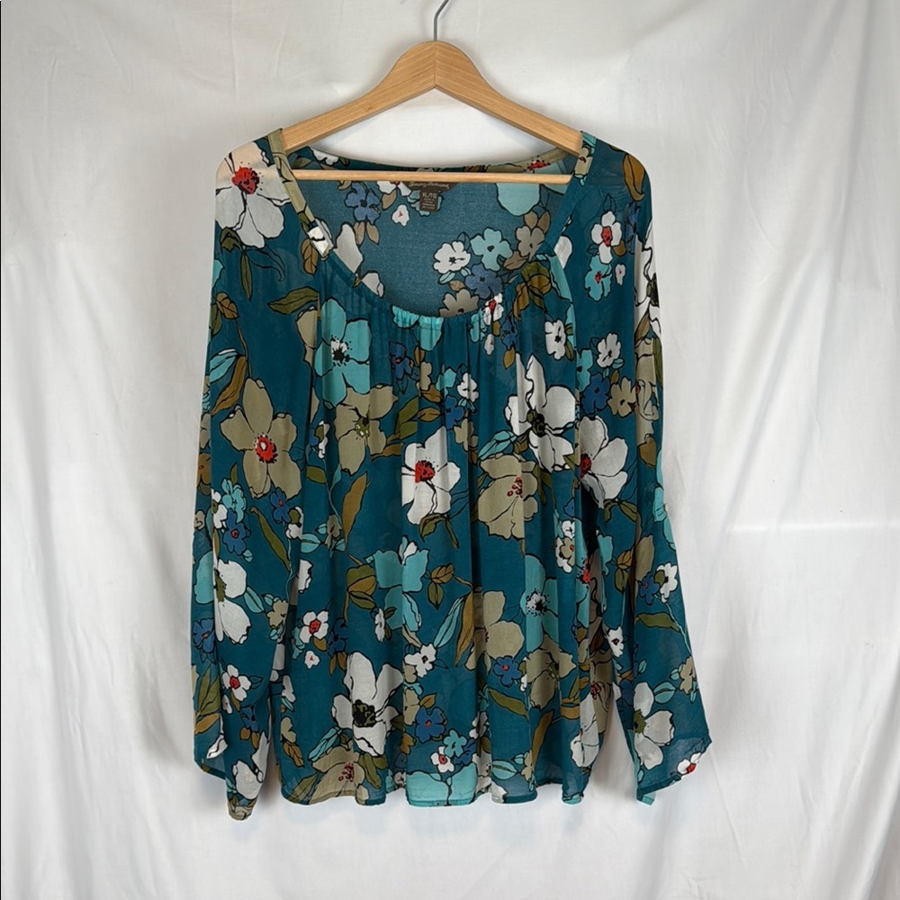 Women's Tommy Bahama Long-Sleeved Lightweight Blouse Teal Floral Size XL